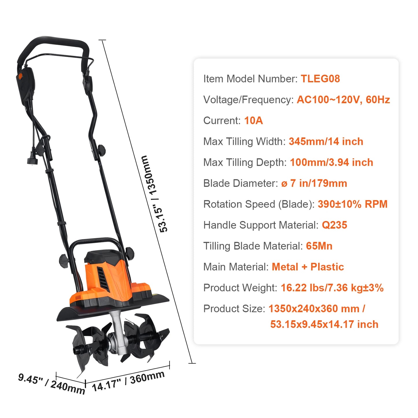 12 Amp Electric Tiller, 18" Tilling Width, 3.94" Tilling Depth, Corded
