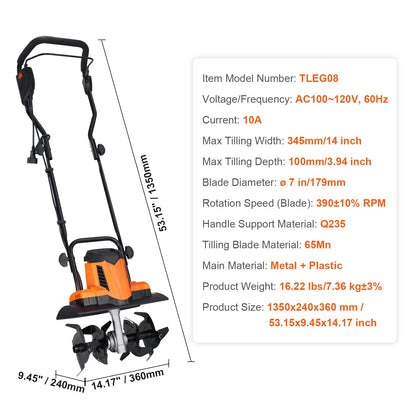 12 Amp Electric Tiller, 18" Tilling Width, 3.94" Tilling Depth, Corded