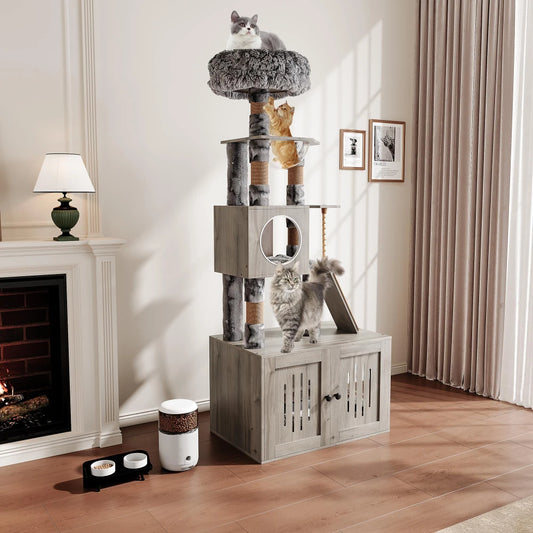 66.9" Cat Tree Tower W/ Litter Box Enclosure, Storage Cabinet, Sisal Scratching Post and Multi-Levels