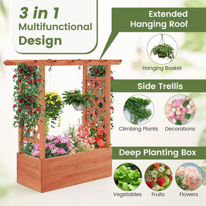 Wooden Raised Garden Bed w/Trellis & Hanging Roof and Drainage