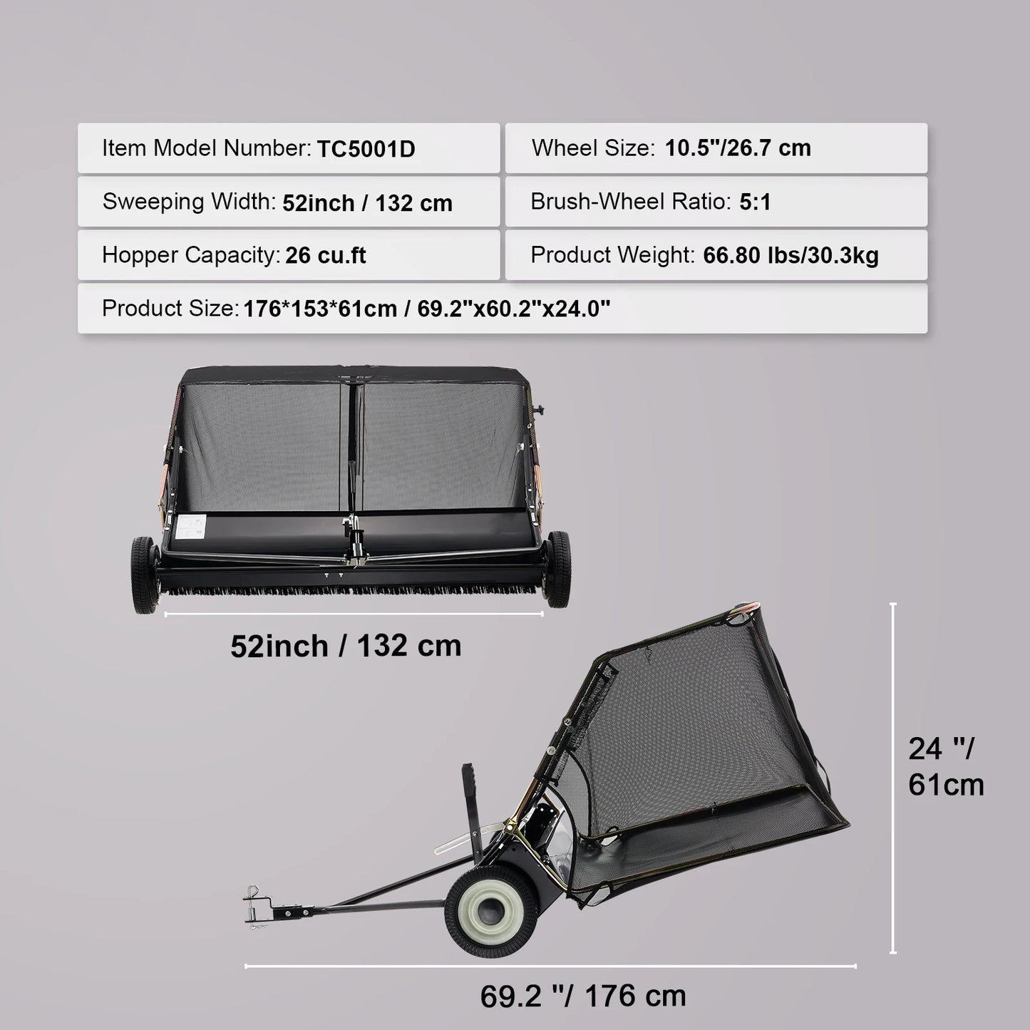 52-inch Lawn Sweeper, Tow Behind, 26cuft,  Heavy Duty Collector