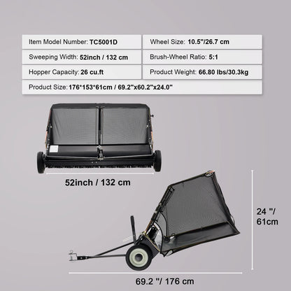 52-inch Lawn Sweeper, Tow Behind, 26cuft,  Heavy Duty Collector