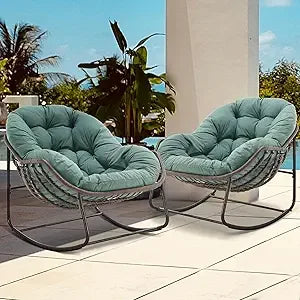Set of 2 Papasan Rocking Chairs - Oversized, Comfy, Royal Rattan with Strip Velvet Cushions