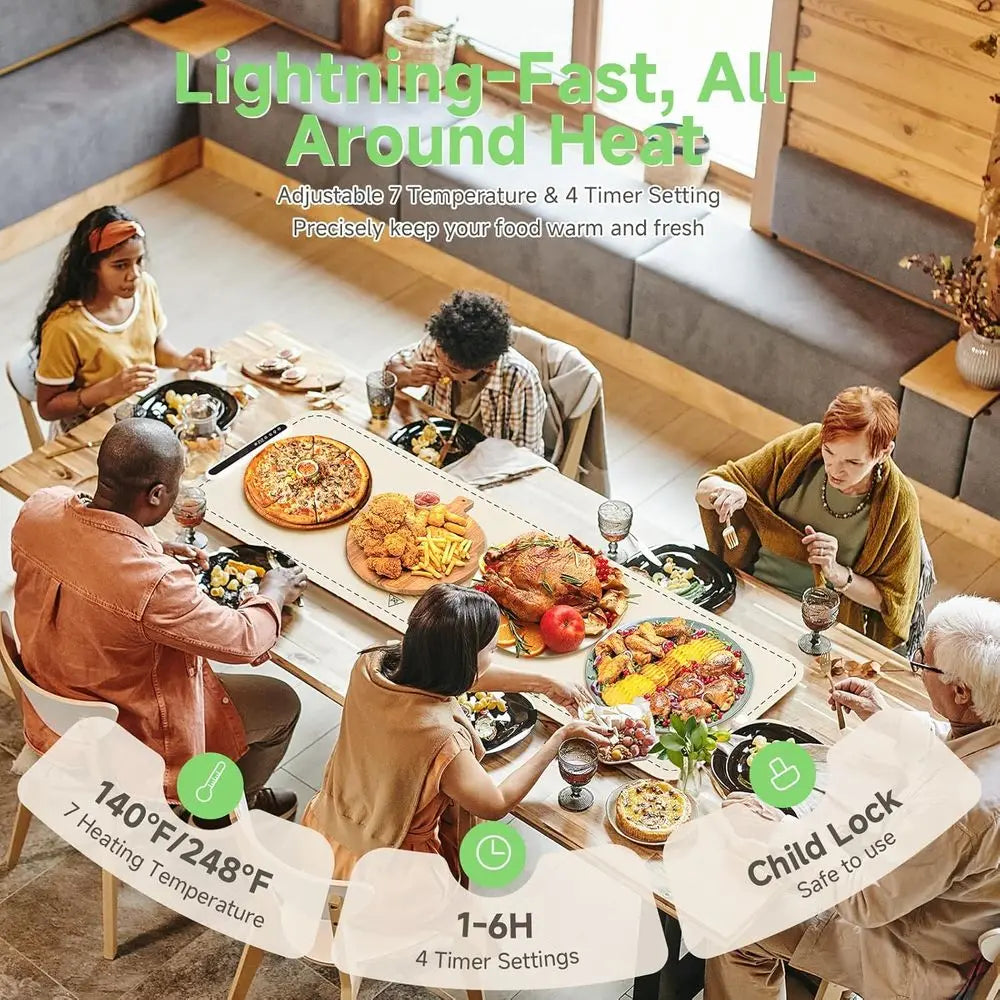 Electric Food Warming Tray XXL (36x16) Portable, Rollable, with Fast Even Surface Heating,