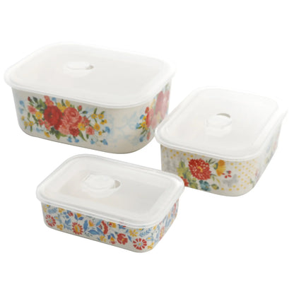 Sweet Rose Ceramic Nesting Bowls 6-Piece Set with Lids, Vintage Stoneware