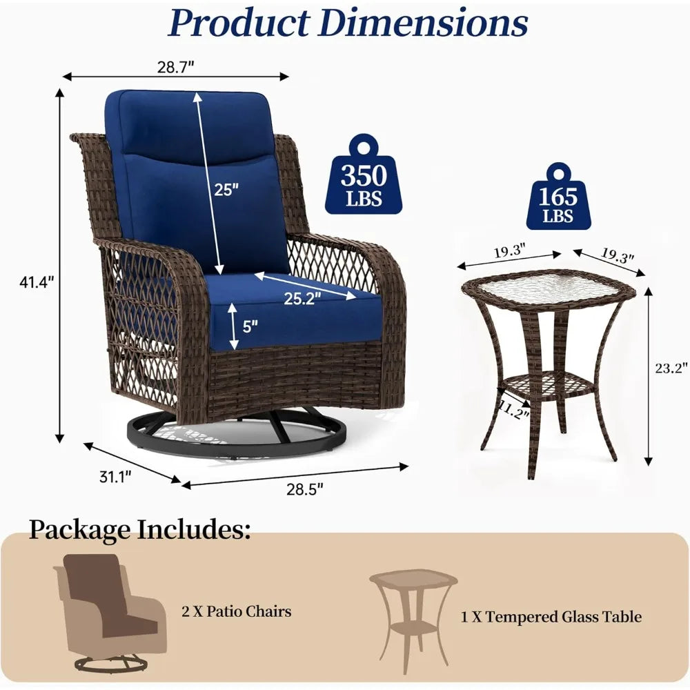 3 Pcs. Outdoor Swivel Rocker Chairs with Rattan Side Table