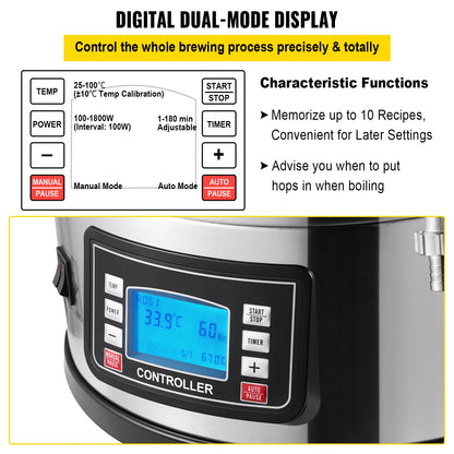 All-in-One 9.2 Gallon Electric Home Brewing System with Pump, Mash Boil Controls, and Dual Mode Display