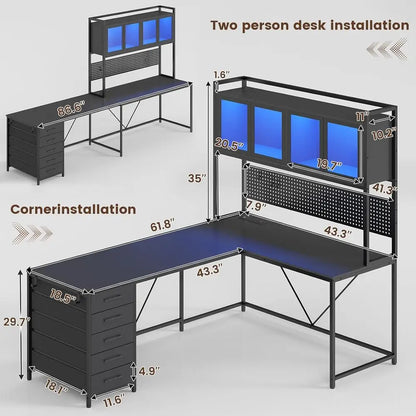 L-Shaped Gaming/Computer Desk with Storage, Hutch, Pegboard, LED Lighting, and Power Outlets