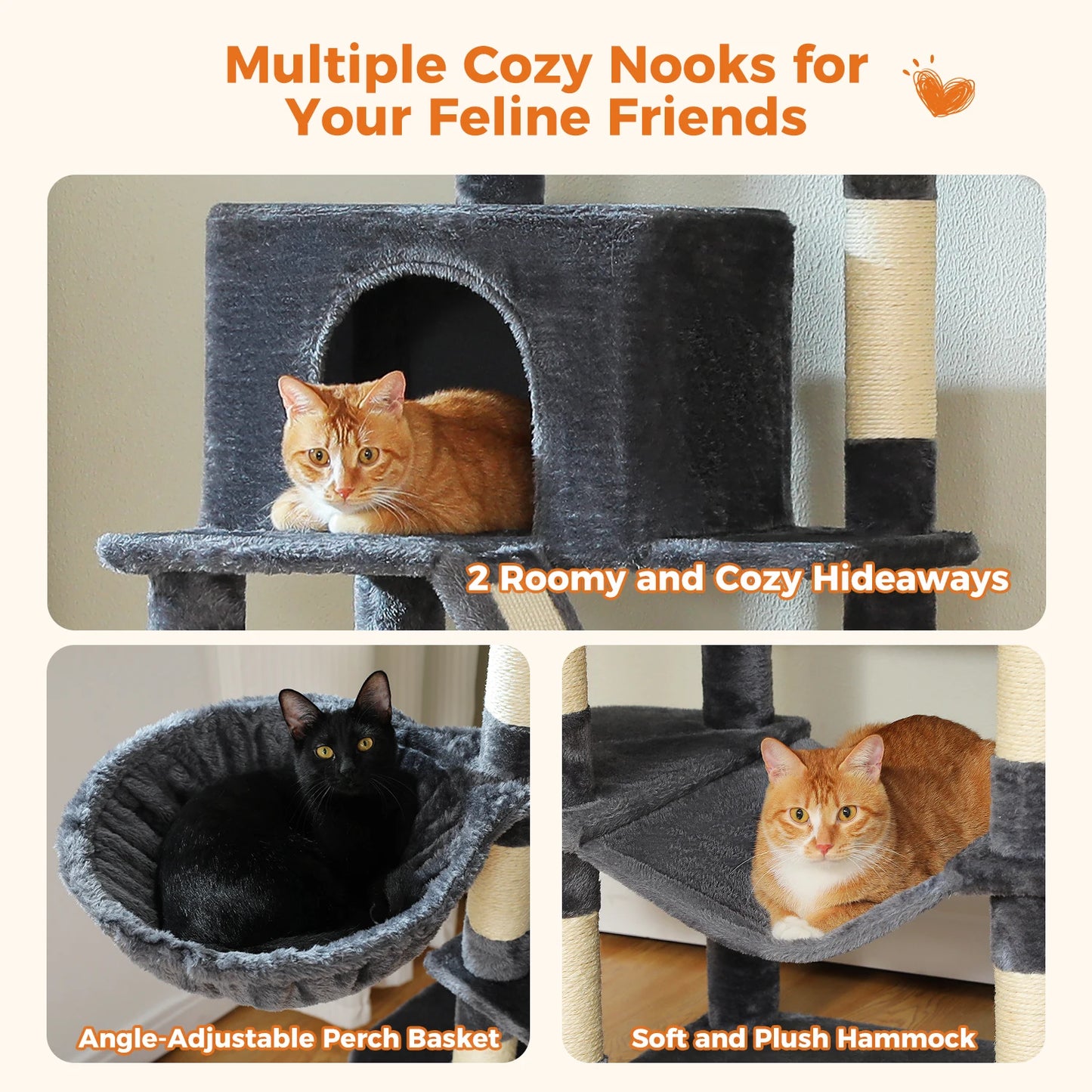 70.8" Multi-Level Cat Tower with 9 Scratching Areas, Plush Hammock and Perches