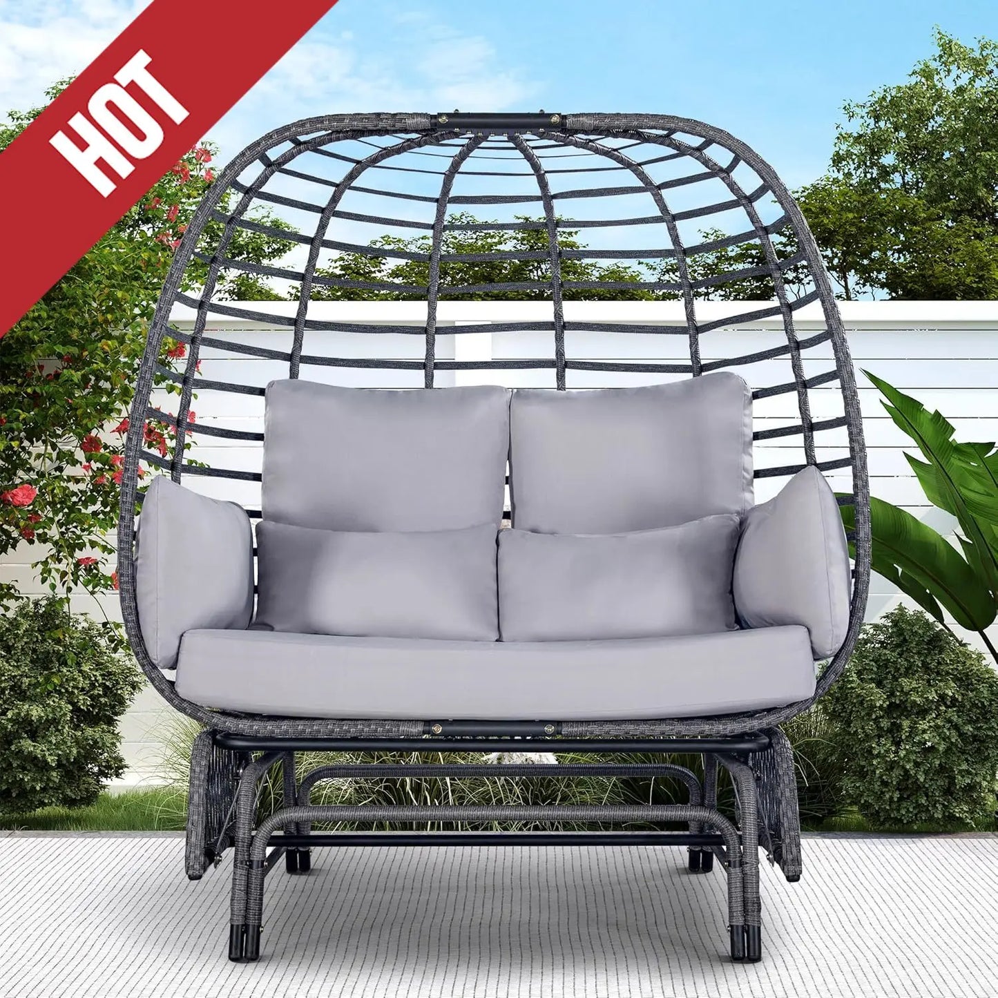 Double Egg Patio Chair  - 500lbs Capacity For 2 Person, Oversized Wicker Rocking/ Glider Chair