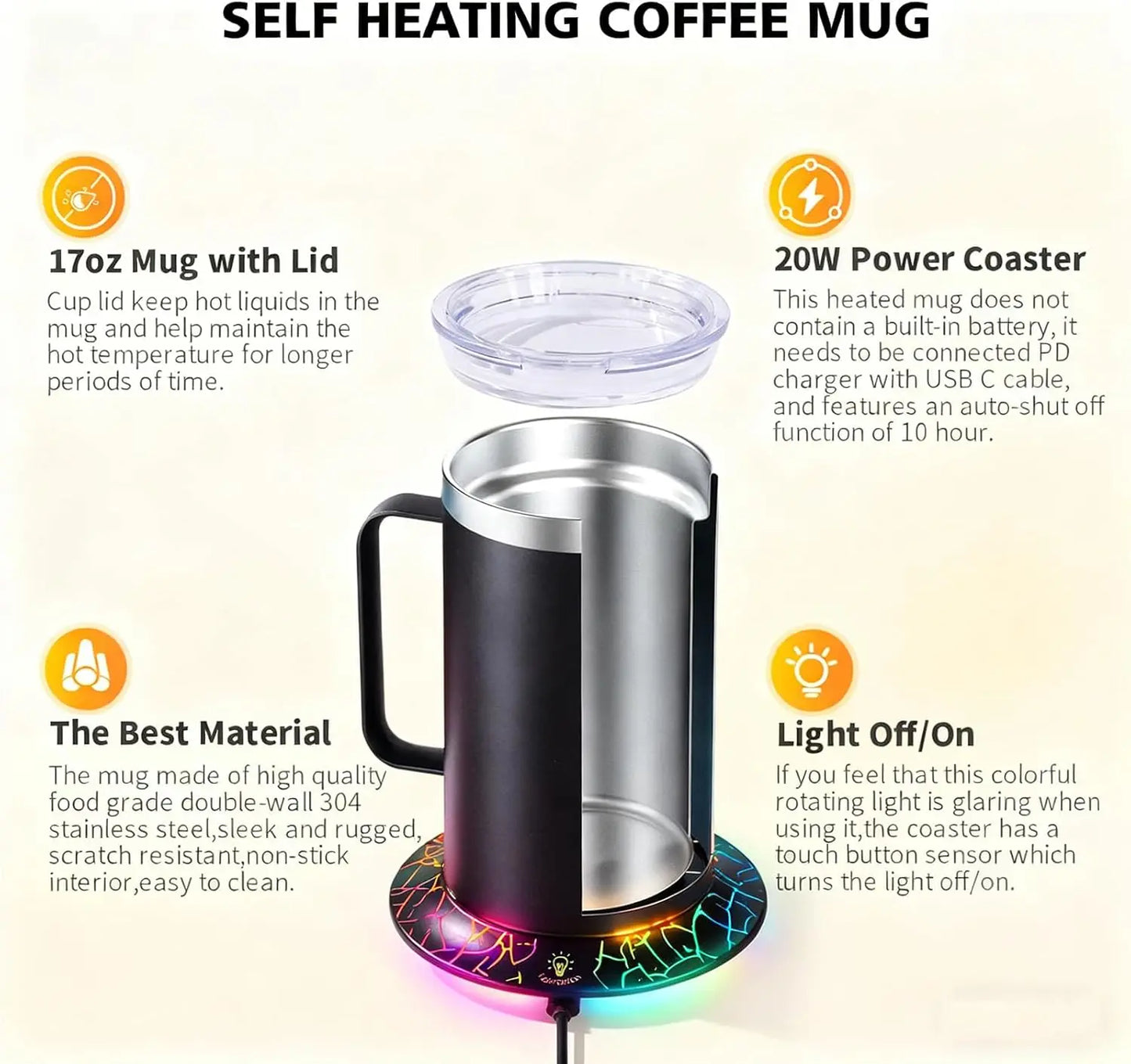 Heated Coffee Mug with Lid and Glow Warmer, 17oz, with PD Charger and USB Cable - Auto Shut Off