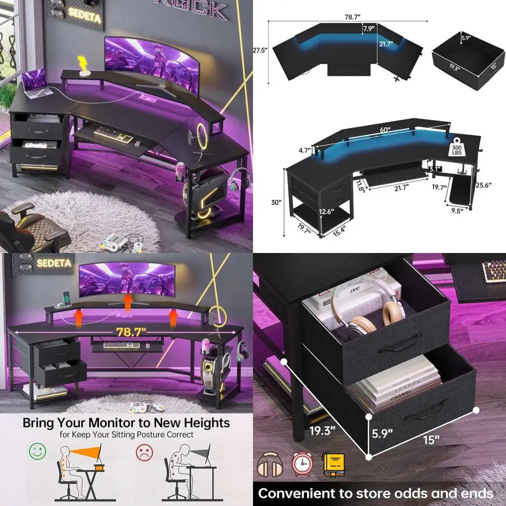 79" L Shaped Desk includes 2 Fabric Drawers & LED Light, with Storage Shelf