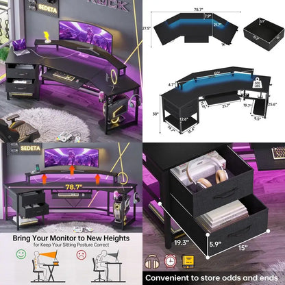 79" L Shaped Desk includes 2 Fabric Drawers & LED Light, with Storage Shelf