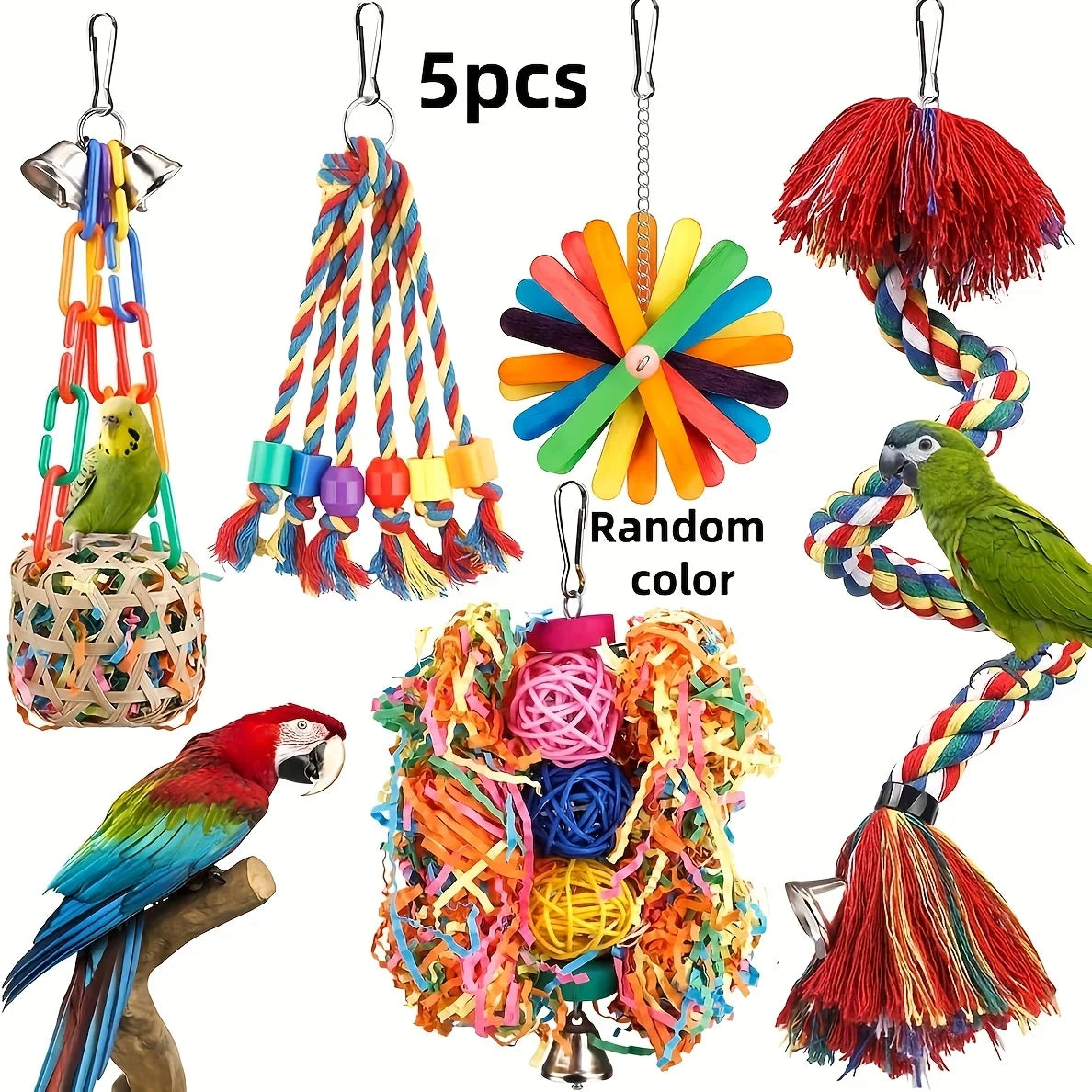 5 Piece  Colorful Bird Toys including a Swing and Climbing Rope