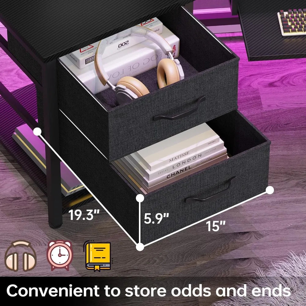 79" L Shaped Desk includes 2 Fabric Drawers & LED Light, with Storage Shelf