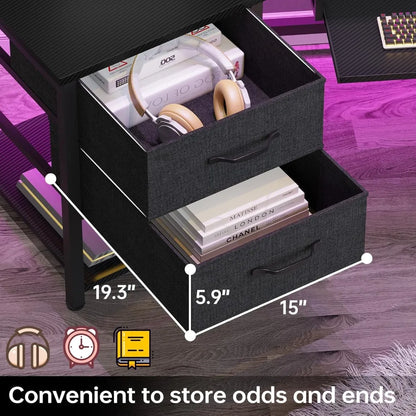 79" L Shaped Desk includes 2 Fabric Drawers & LED Light, with Storage Shelf