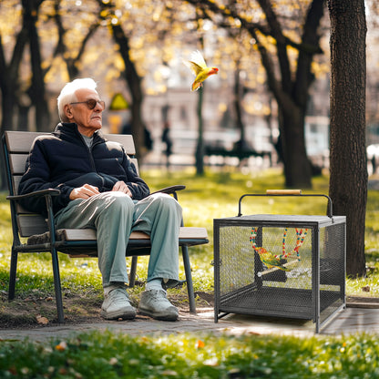 Wrought Iron Bird Play Area/ Carrier Cage with Handle, Wooden Perch & Bird Toys