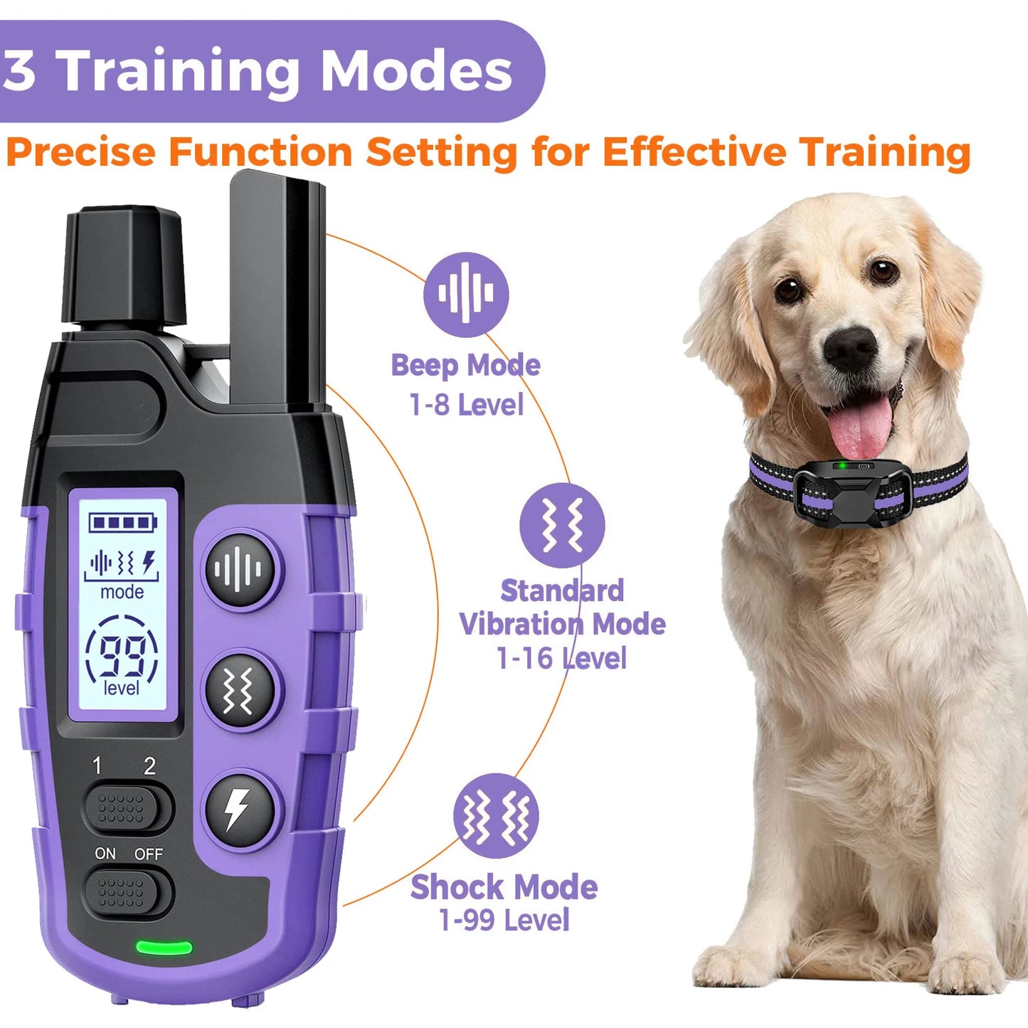 Electric Dog Training Collar- Remote Control-Waterproof With Vibration Shock Beep Modes and Levels