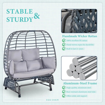 Double Egg Patio Chair  - 500lbs Capacity For 2 Person, Oversized Wicker Rocking/ Glider Chair