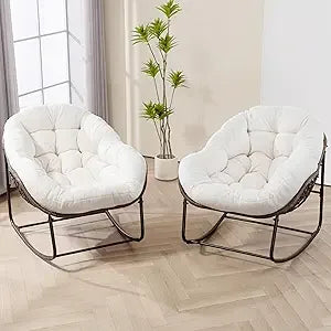 Set of 2 Papasan Rocking Chairs - Oversized, Comfy, Royal Rattan with Strip Velvet Cushions