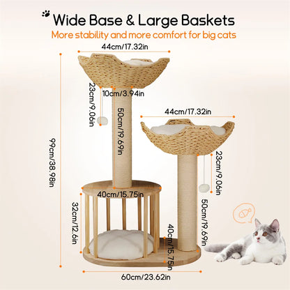 3-Tier Cat Tree Tower- Padded, Plush with Perches, Sisal Rope Scratching Posts and Hanging Toys