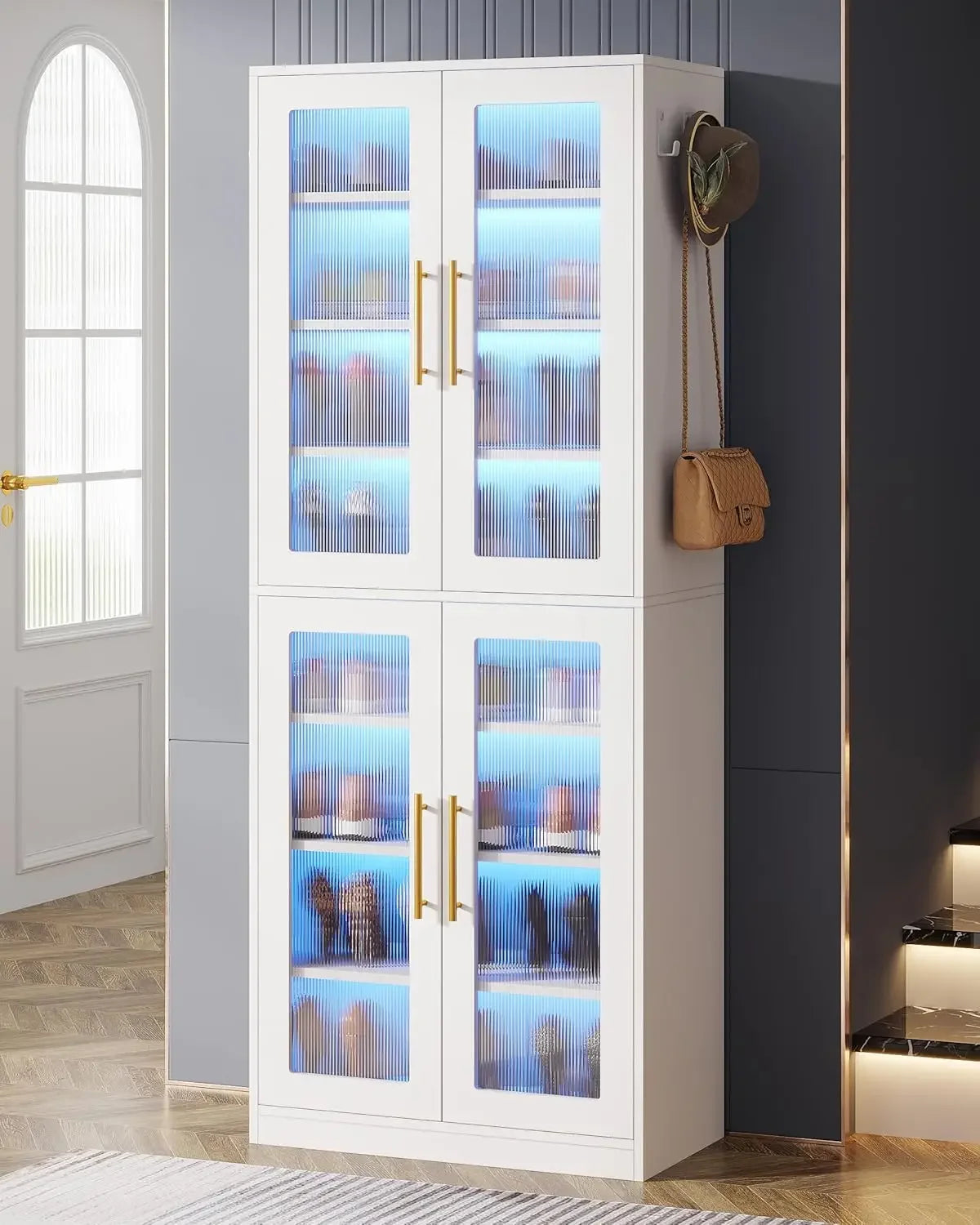 Tall Storage Cabinet with Acrylic Doors and LED Lights with Adjustable Shelves
