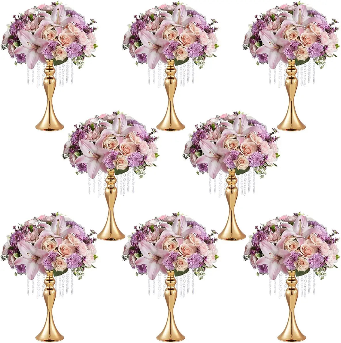 Set of 8, Centerpieces for Tables-Gold Vase Stand with Crystals