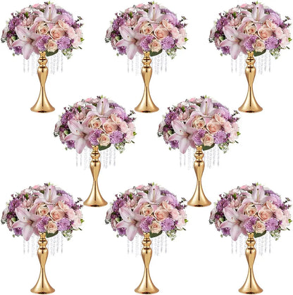 Set of 8, Centerpieces for Tables-Gold Vase Stand with Crystals