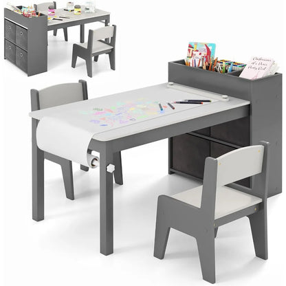 Kids Table and Chairs, 3 in 1Wooden Drawing Table with 2 Chairs