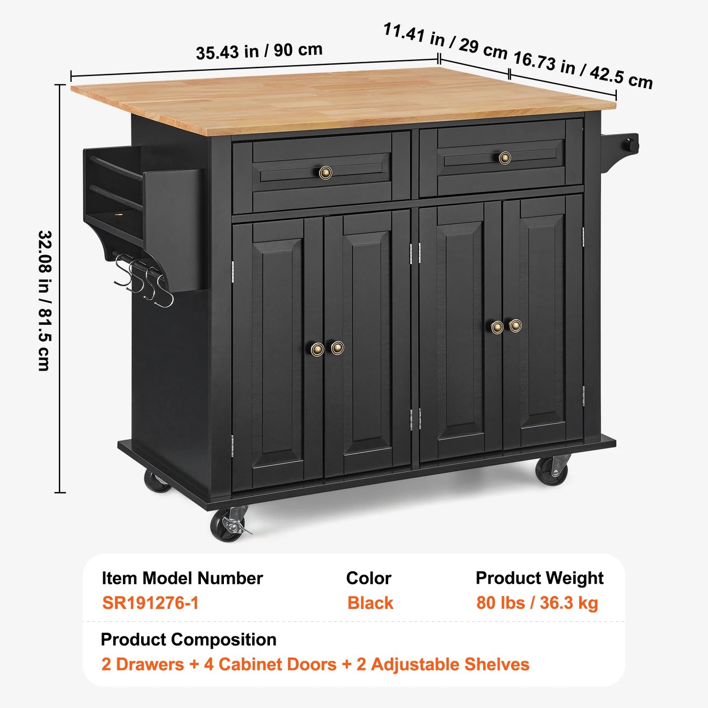 43" Kitchen Rolling Island Cart w/Wood Top, Storage Cabinet, Drop Leaf Spice Rack Towel Bar