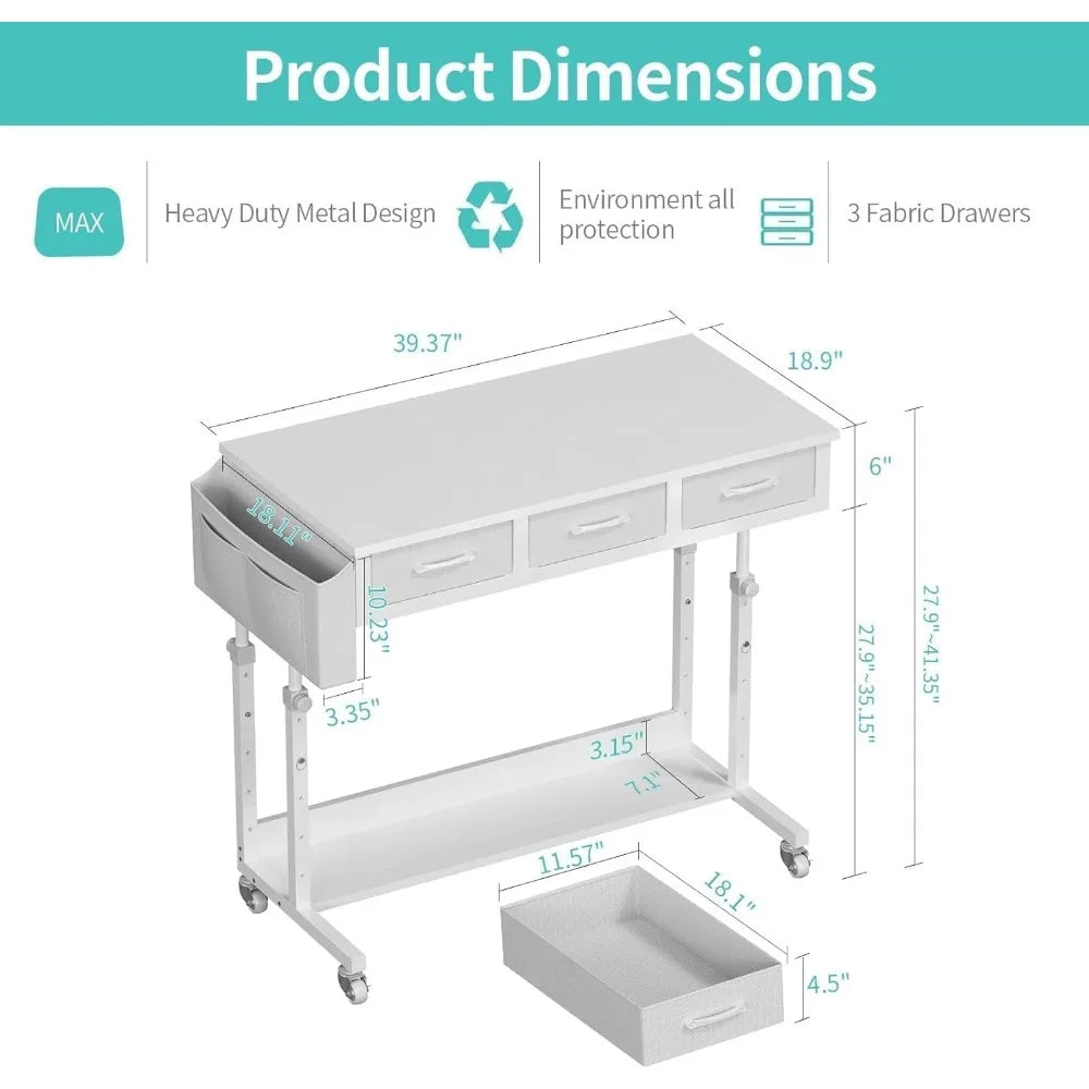 Portable Rolling Computer Desk - 40 Inch Adjustable Desk with 3 Fabric Drawers
