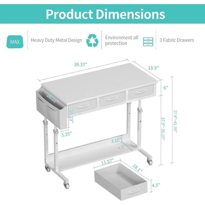 Portable Rolling Computer Desk - 40 Inch Adjustable Desk with 3 Fabric Drawers