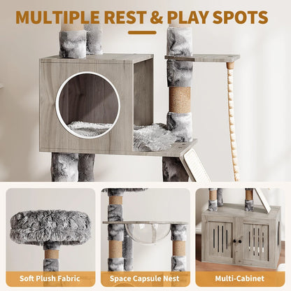 66.9" Cat Tree Tower W/ Litter Box Enclosure, Storage Cabinet, Sisal Scratching Post and Multi-Levels