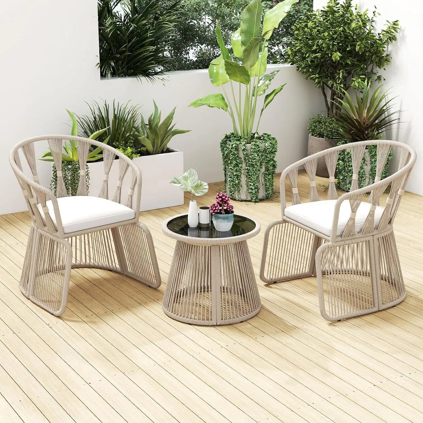 3 Piece Patio Rope-Woven Cushioned Armchairs & Table Set with Tempered Glass Tabletop