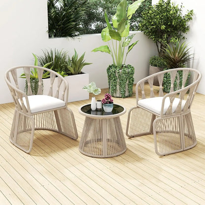 3 Piece Patio Rope-Woven Cushioned Armchairs & Table Set with Tempered Glass Tabletop