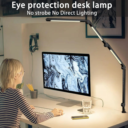 LED Desk Lamp with Clamp, Flexible 4 sections Swing Arm - Three light sources with 4 Color Modes & 5 Brightness Levels