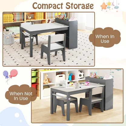 Kids Table and Chairs, 3 in 1Wooden Drawing Table with 2 Chairs