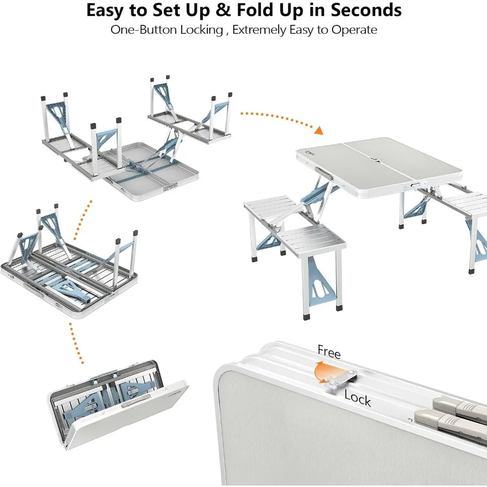 4Ft Folding Picnic Table with Seats/Umbrella Hole-Supports up to 265 Lbs. Lightweight and Fold Up