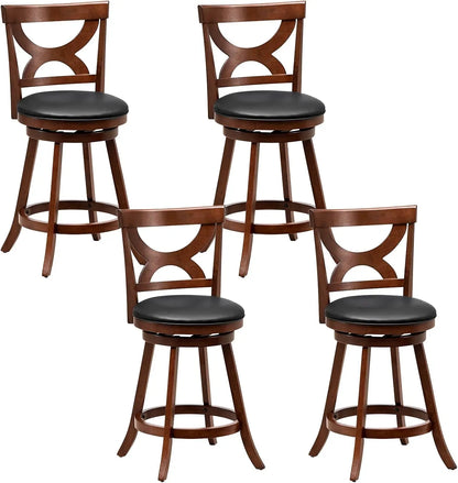 Wood Frame Swivel Upholstered Stools, Set of 4, Counter Height with Back & Footrest,