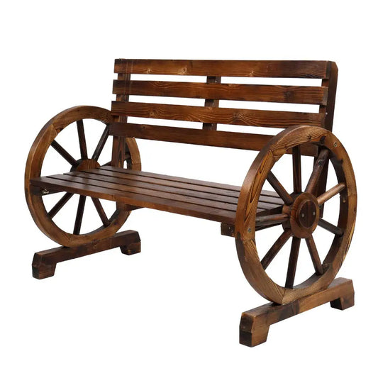 Wooden Rustic Wagon Wheel Bench with Armrest & Fir Construction
