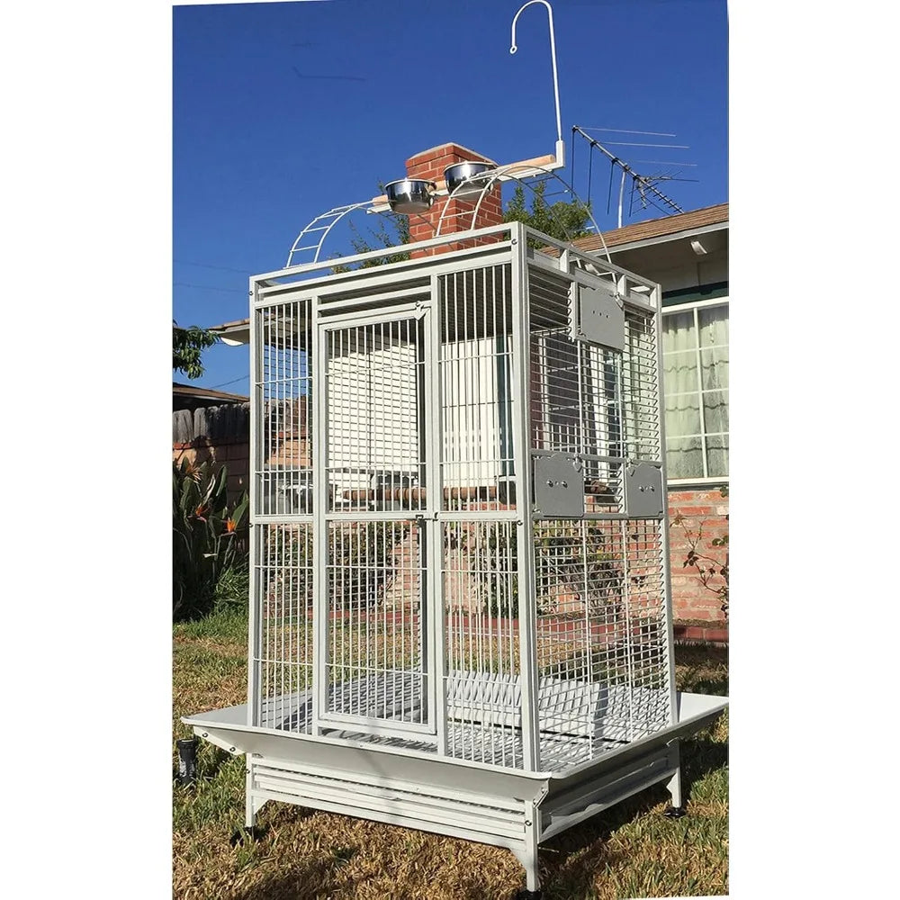 Elegant Wrought Iron Play Top Bird Cage  w/Large Interior Space, Removable Trays, On Wheels