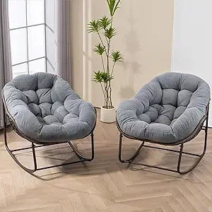 Set of 2 Papasan Rocking Chairs - Oversized, Comfy, Royal Rattan with Strip Velvet Cushions