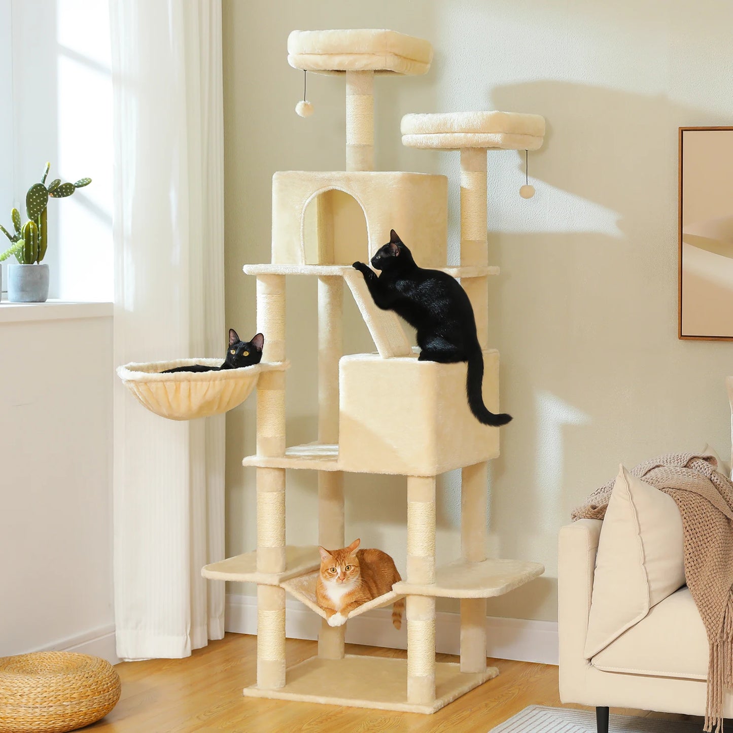 70.8" Multi-Level Cat Tower with 9 Scratching Areas, Plush Hammock and Perches