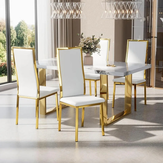 Modern Dining Chairs, Set of 4, White Faux Leather with Chrome Gold Metal Legs
