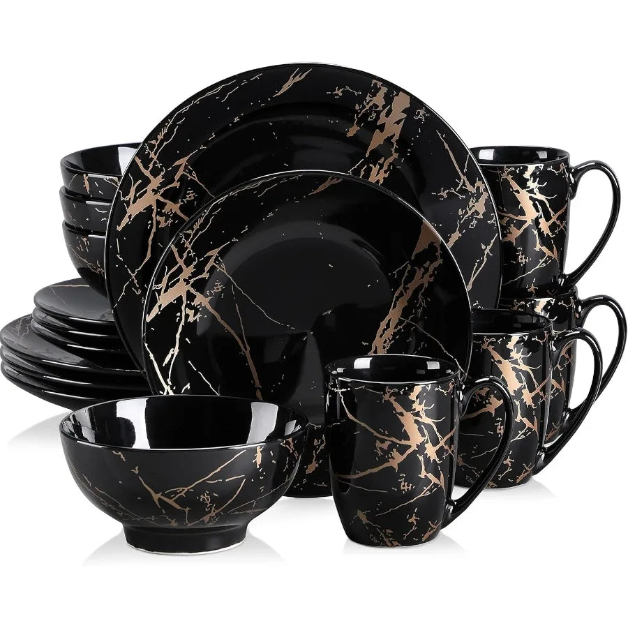 16 Piece Porcelain Dinnerware Set for 4 with Golden Spatter Design - Microwave and Dishwasher Safe