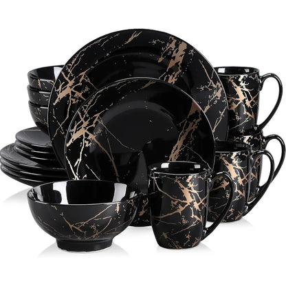 16 Piece Porcelain Dinnerware Set for 4 with Golden Spatter Design - Microwave and Dishwasher Safe