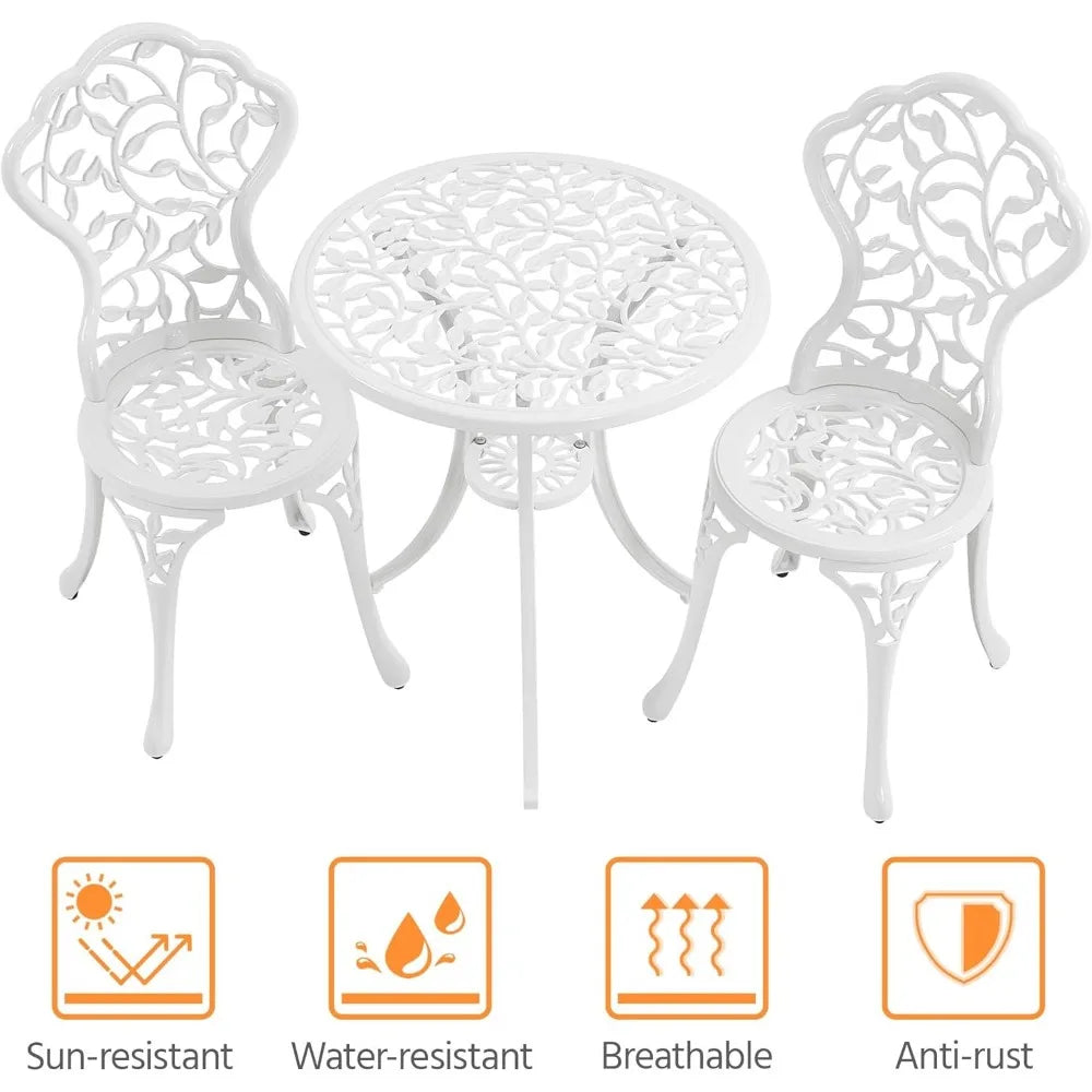 3-Piece Bistro Set w/Leaf Design, Rust-Resistant Cast Aluminum Table and Chairs