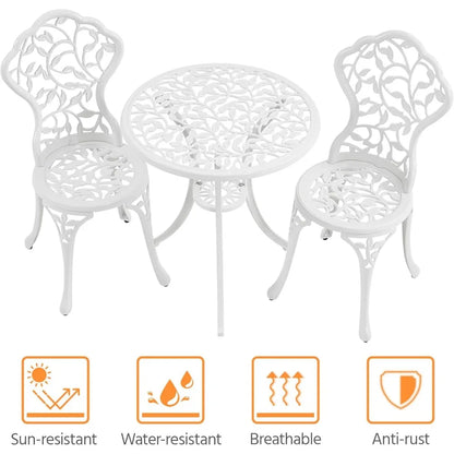 3-Piece Bistro Set w/Leaf Design, Rust-Resistant Cast Aluminum Table and Chairs