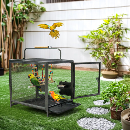 Wrought Iron Bird Play Area/ Carrier Cage with Handle, Wooden Perch & Bird Toys