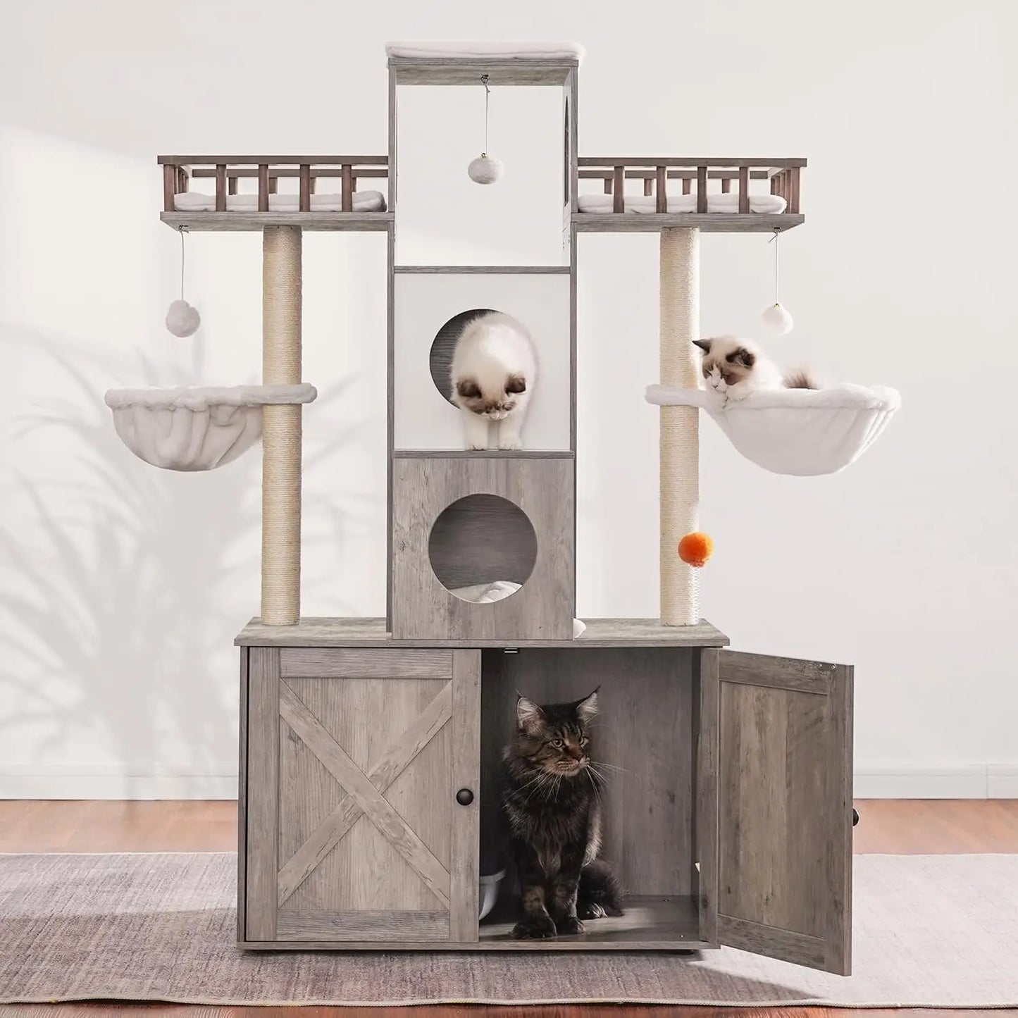 Heavy Duty Large Cat Tower with Litter Box Enclosure, Multi-Levels, and Scratching Posts